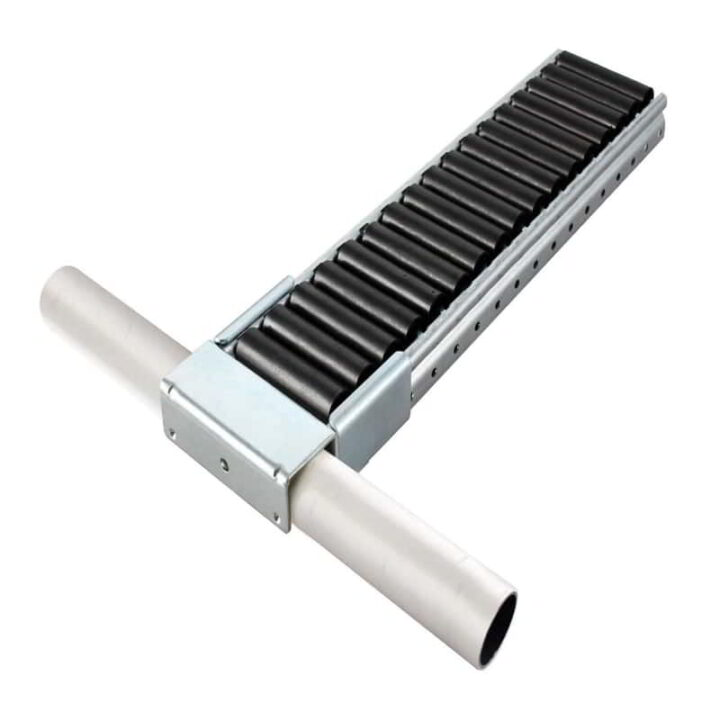 The R85-MS is an ESD steel zinc conveyor mount commonly used as the starting point of roller tracks. This item serves as an anchor between the conveyor and a perpendicular pipe.