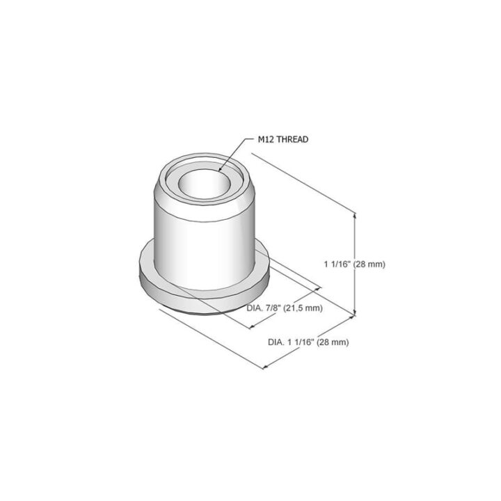 Dimensions of our F-BUS-2MM bushing. Designed exclusively for use with 2mm thick pipes. This bushing is a key component for pipe, caster, and leveler applications and is available to purchase through our online shop.