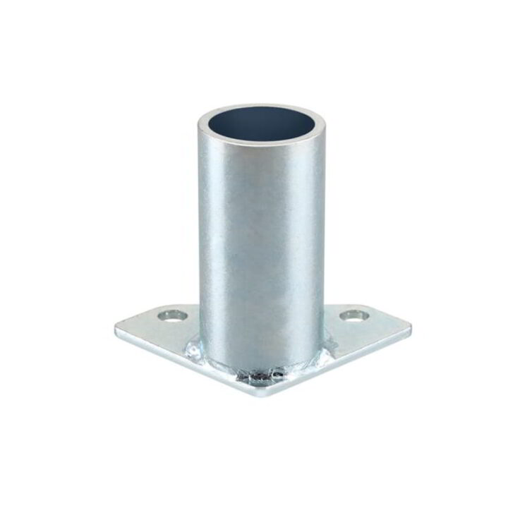 Purpose-built steel corner mount designed to integrate material handling pipe systems with aluminum extrusions in confined spaces. This enhanced corner stanchion mount features a fully welded steel bushing and reinforced base plate for secure corner connections.